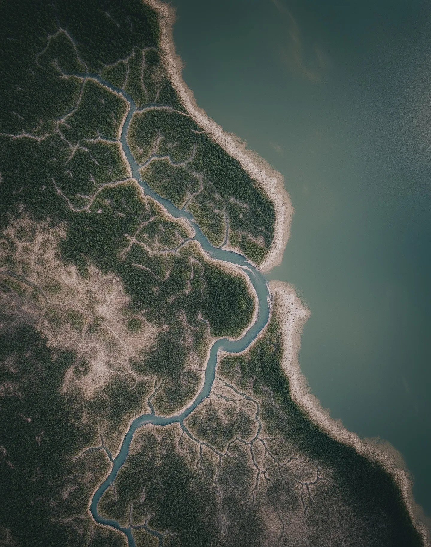Aerial view of a river system and surrounding forest